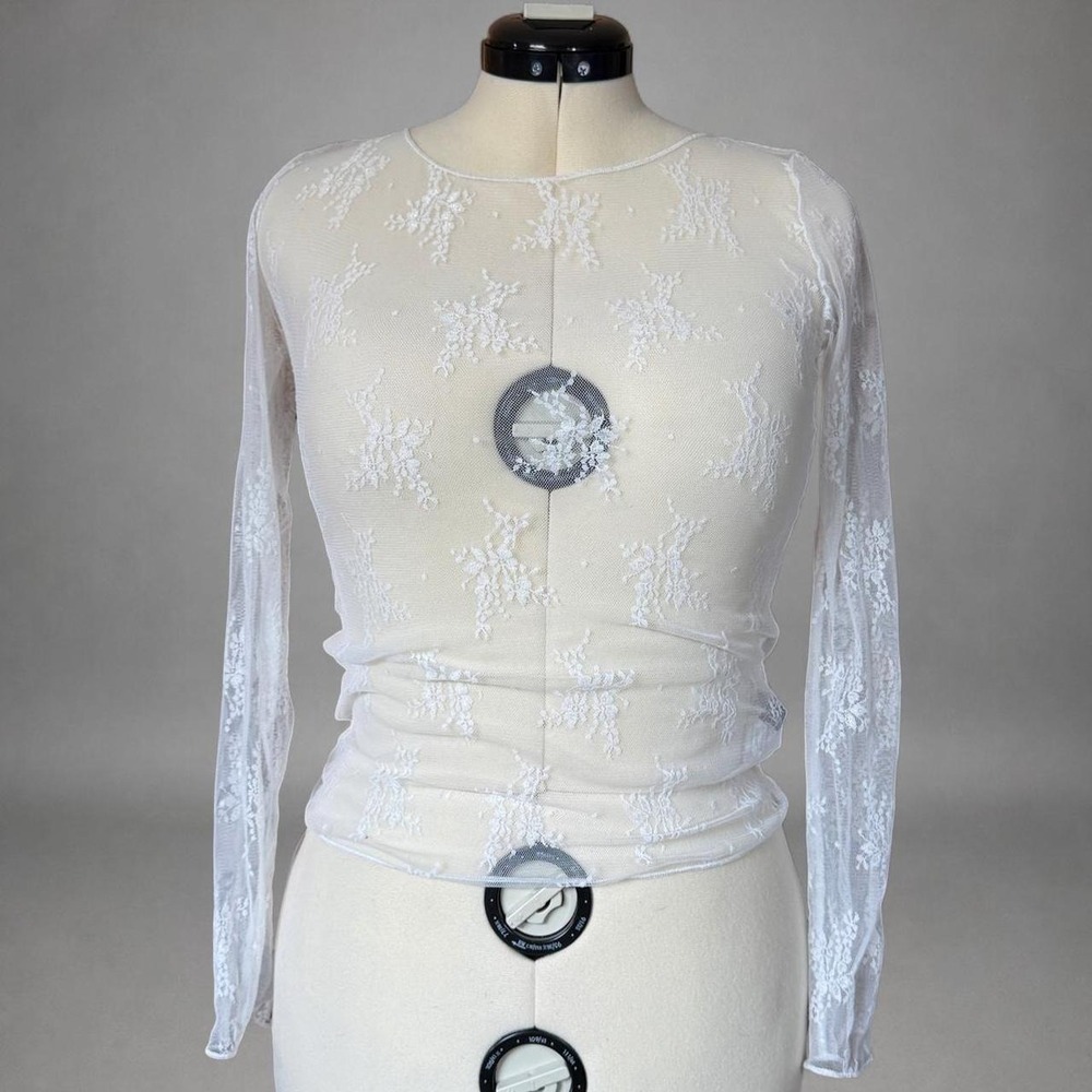 White Sheer Lace Mesh Long Sleeve Top Women's Small White sheer mesh top
